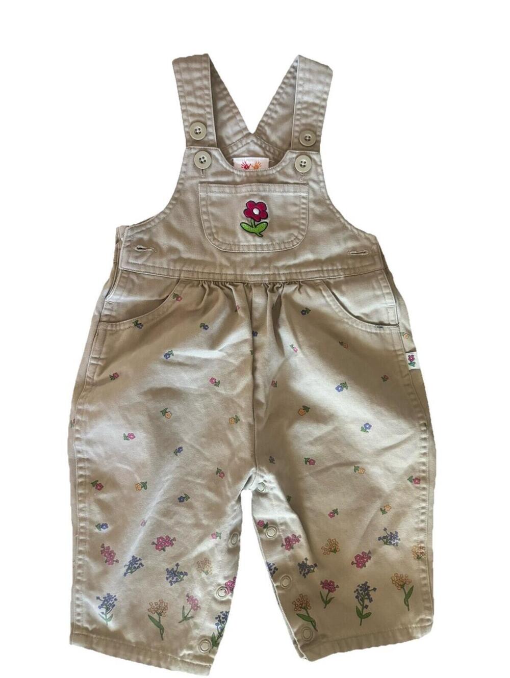 VTG Carters Floral Embroidered Overalls Tan 6-9 M 100 Percent Cotton Snap Legs